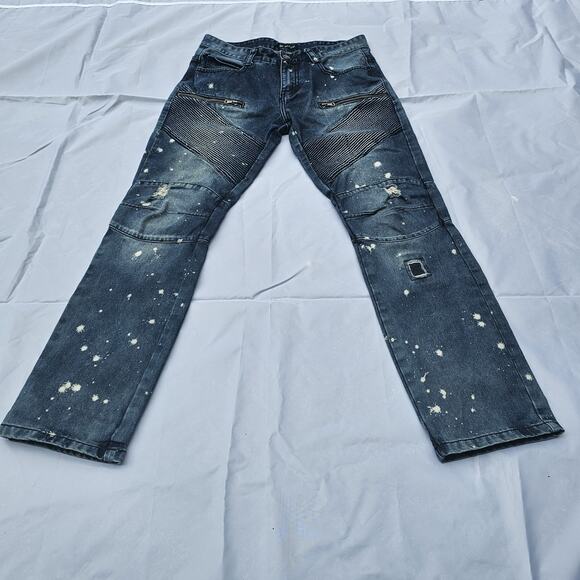 CJ Black Premium Mens Blue Denim Paint Ribbed Skinny Biker Jeans Fit 32x32 - Picture 2 of 14